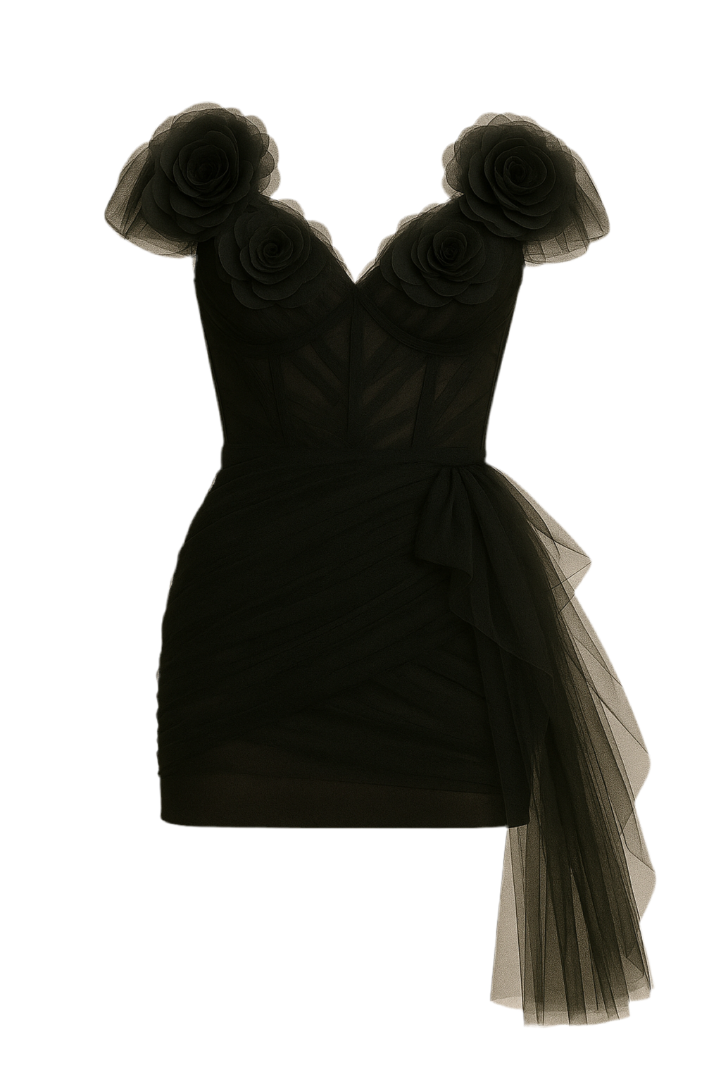 Ortensia Abito corto nero in tulle sostenibile con fiori 3D applicati – VeQ Atelier