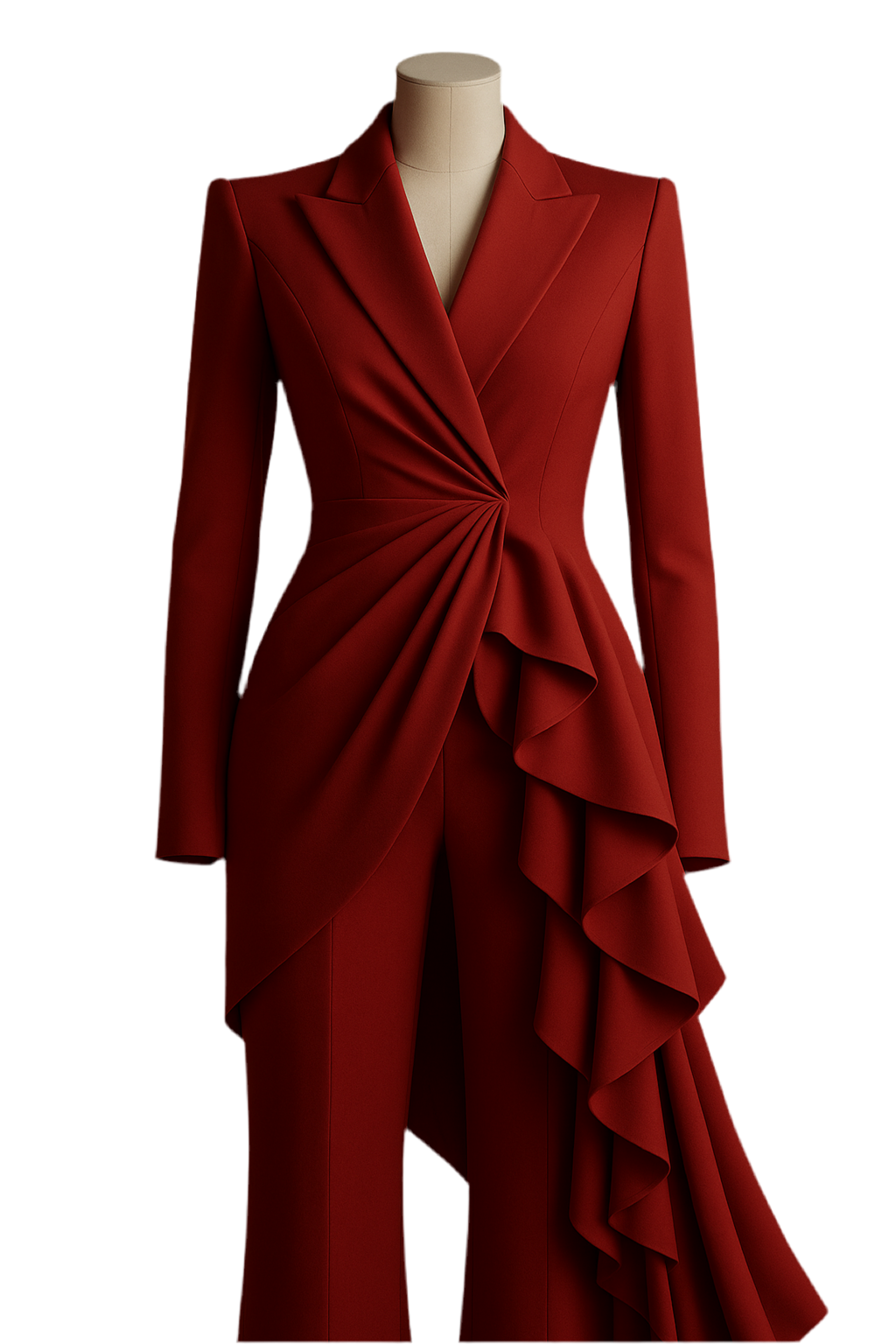 Giacca rossa asimmetrica con drappeggio e volant – VeQ Atelier