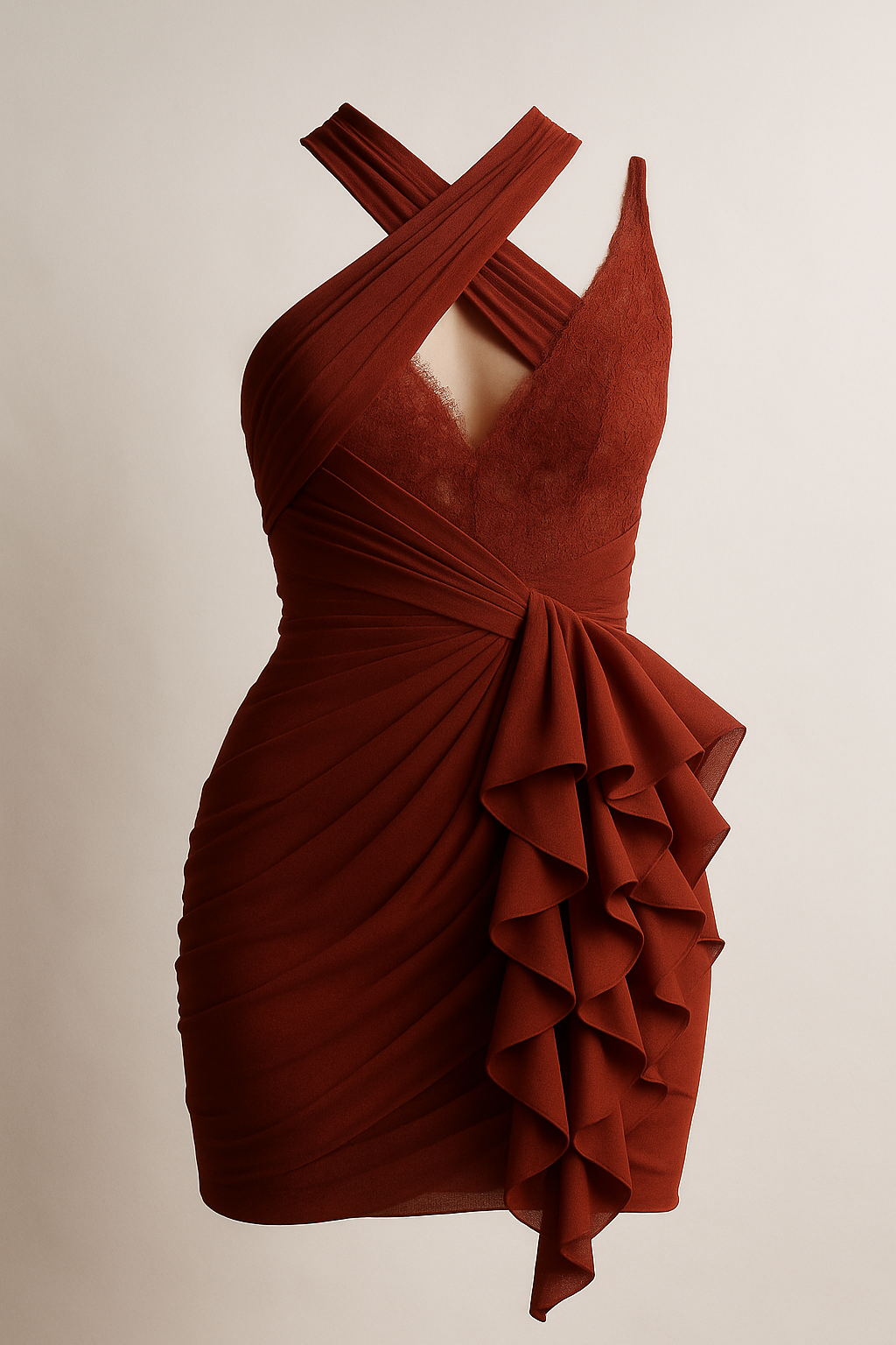 Abito Carmine in chiffon rosso drappeggiato con dettaglio asimmetrico