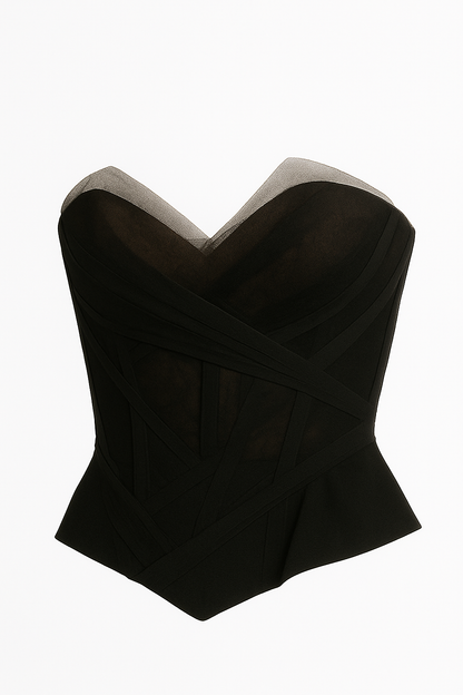 Bustier nero in tulle e pizzo con steccature sartoriali