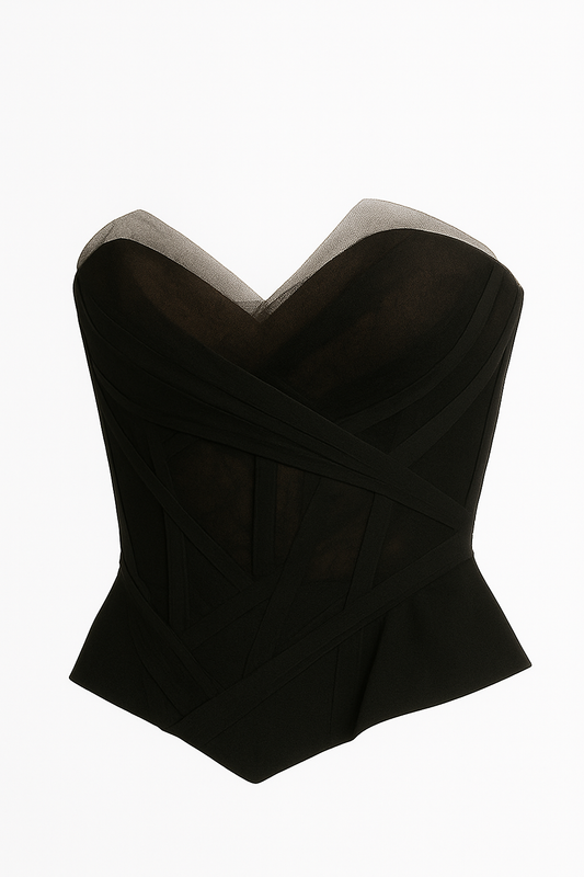 Bustier nero in tulle e pizzo con steccature sartoriali