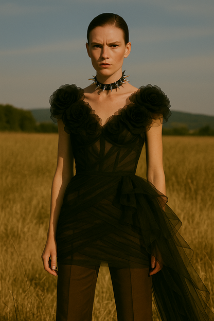 Ortensia Abito corto nero in tulle sostenibile con fiori 3D applicati – VeQ Atelier