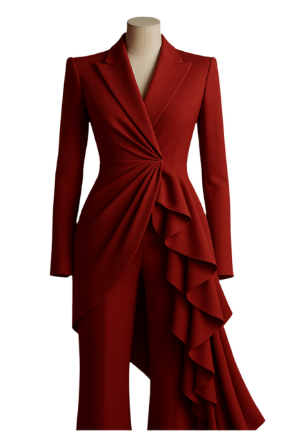 Giacca rossa asimmetrica con drappeggio e volant – VeQ Atelier