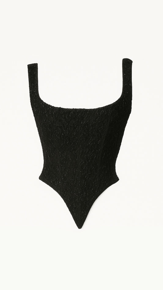 Corsetto Spina ricamato nero con taglio a punta