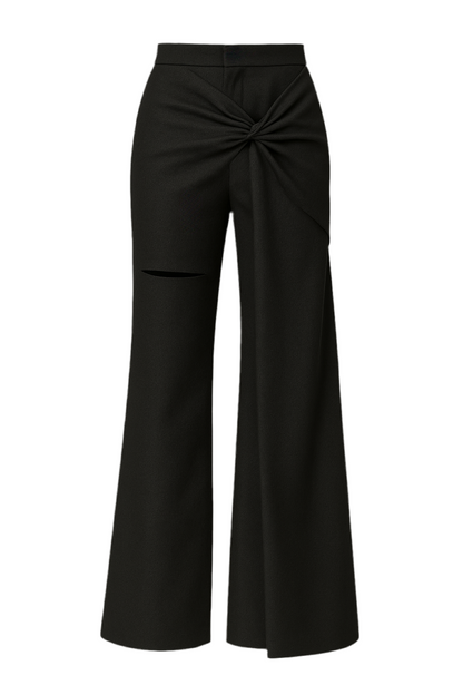 Pantalone nero con nodo asimmetrico e taglio sartoriale