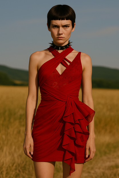 Abito Carmine in chiffon rosso drappeggiato con dettaglio asimmetrico