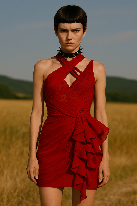 Abito Carmine in chiffon rosso drappeggiato con dettaglio asimmetrico